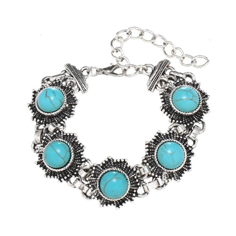 women’s simple cuff bracelets-Vintage Style Flower Silver Plated Turquoise Alloy Wholesale Bracelets