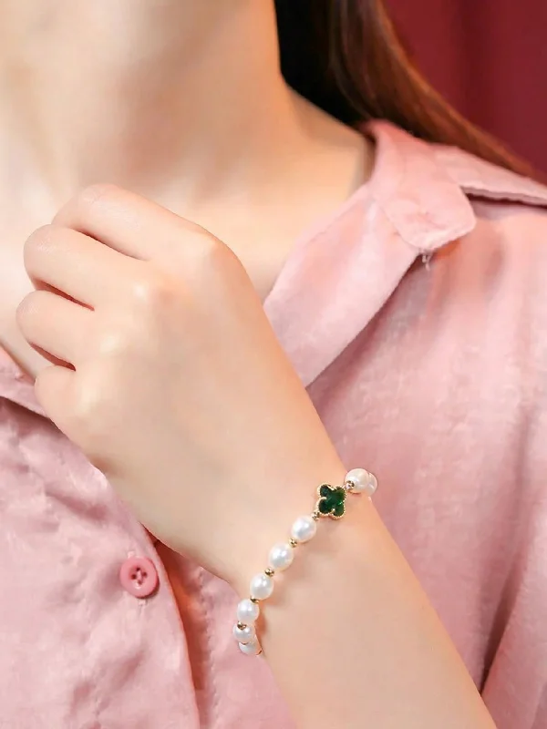 women’s wedding bracelets-Sweet Four Leaf Clover Alloy Freshwater Pearl Beaded Inlay Artificial Diamond Bracelets