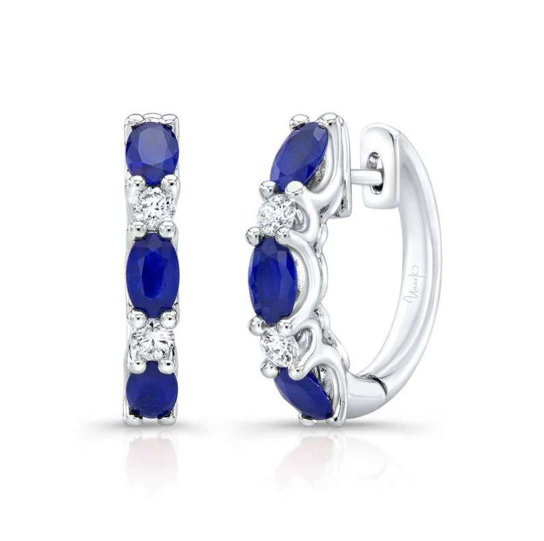 women’s long dangling earrings-Round Diamond and Oval Blue Sapphire Huggie Hoop Earrings in 18K White Gold