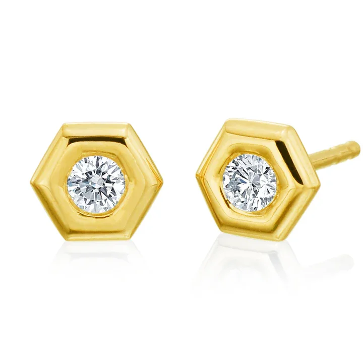 women’s delicate stud earrings-Mini Diamond Hexagon Stud Earrings in 18K Yellow Gold