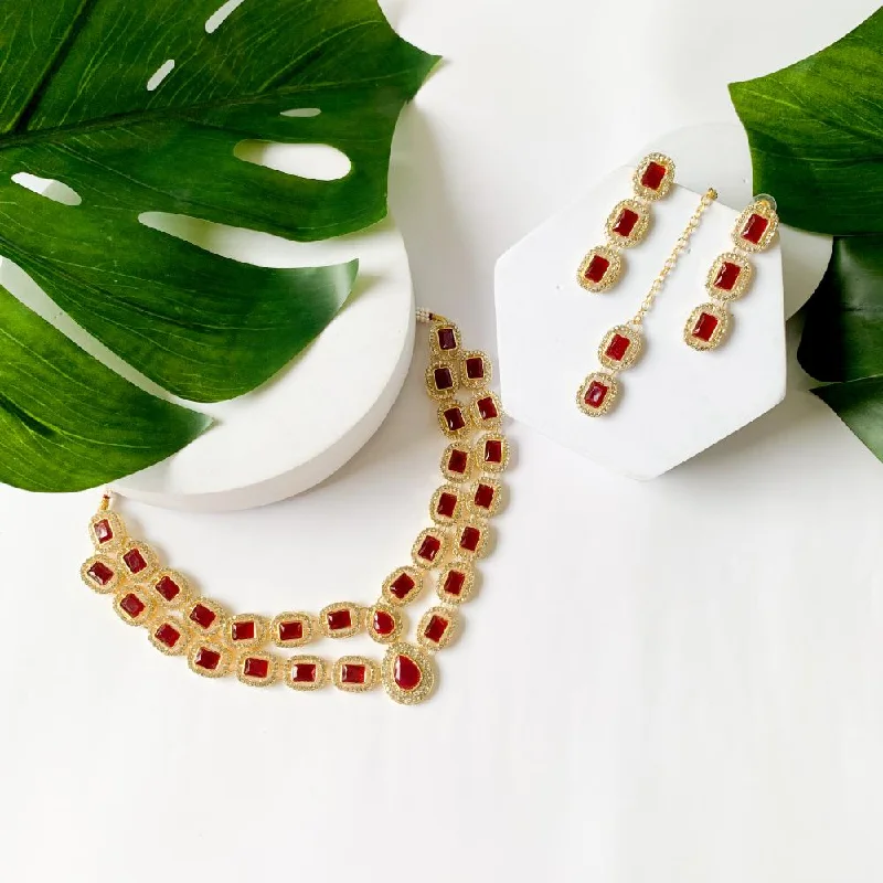 women’s bold silver necklaces-women’s bold silver necklaces-Etnico Gold Plated Traditional Stone Choker Necklace Jewellery With Earring & Maang Tikka Set For Women And Girls (Maroon)