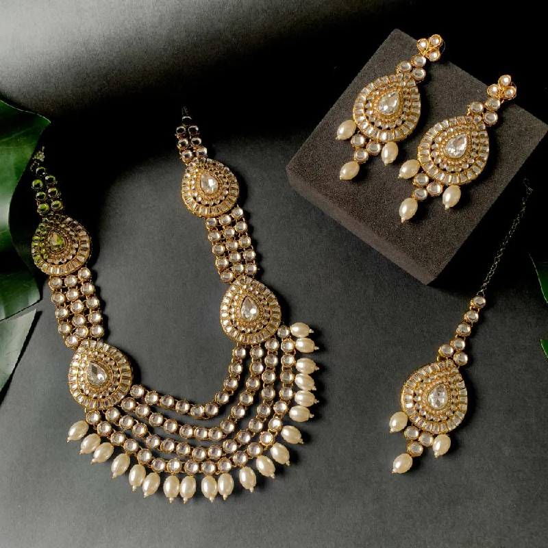 women’s chunky necklaces-women’s chunky necklaces-Etnico Gold Plated Traditional Multi Layered Pearl Kundan Bridal Necklace Jewellery with Dangle Earrings & Maang Tikka Set For Women/Girls (IJ388W)