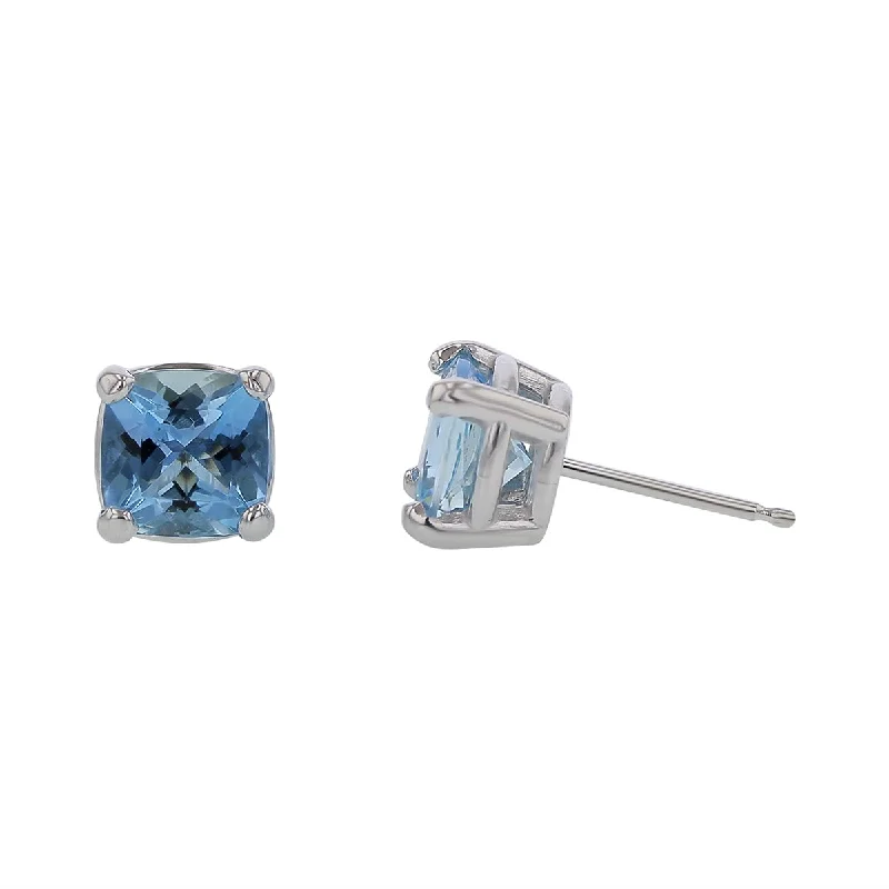 women’s delicate stud earrings-2.06ct 6.5mm Cushion African Aquamarine (H) Stud Earrings in 18k White Gold