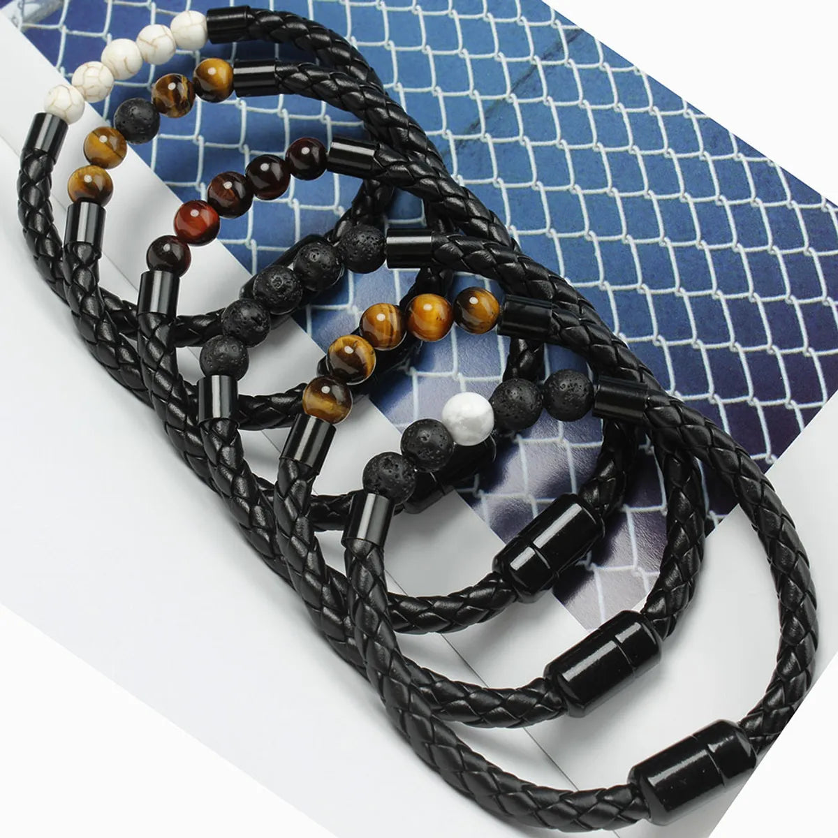 women’s wide cuff bracelets-Simple Style Commute Geometric Pu Leather Stone Beaded Braid Unisex Bracelets