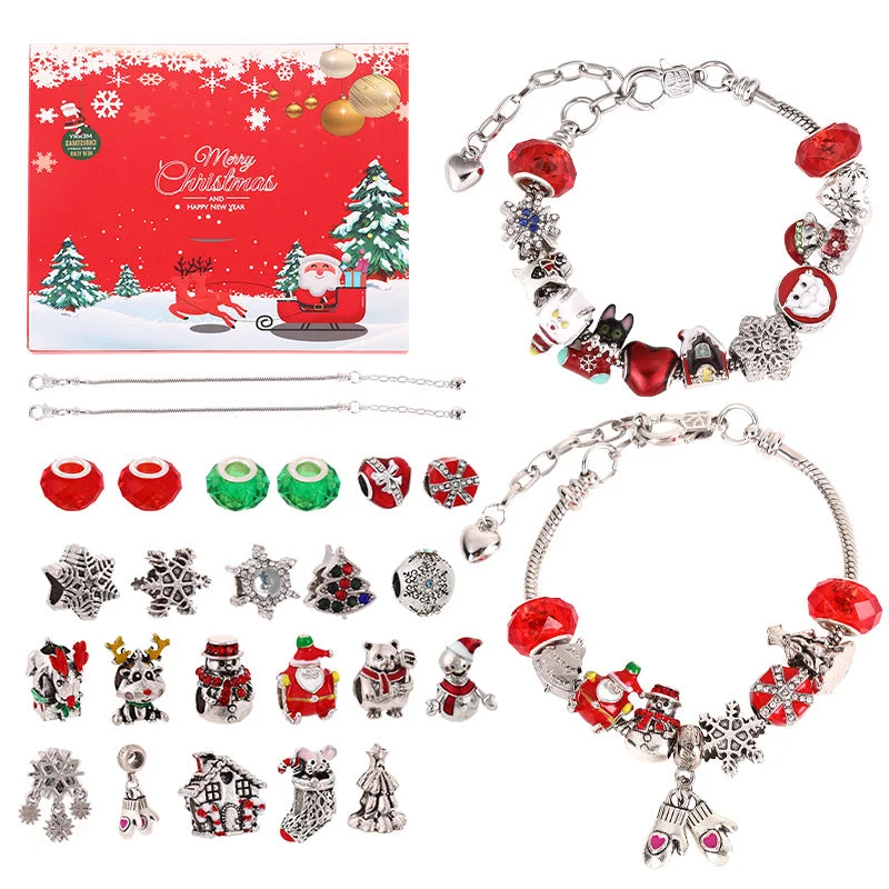 7277 Red Christmas Suit (2 18cm Bracelets, 4 Glass Beads, 16 Alloy Big Hole Beads, 1 Pendant, 1 Tassel Pendant)