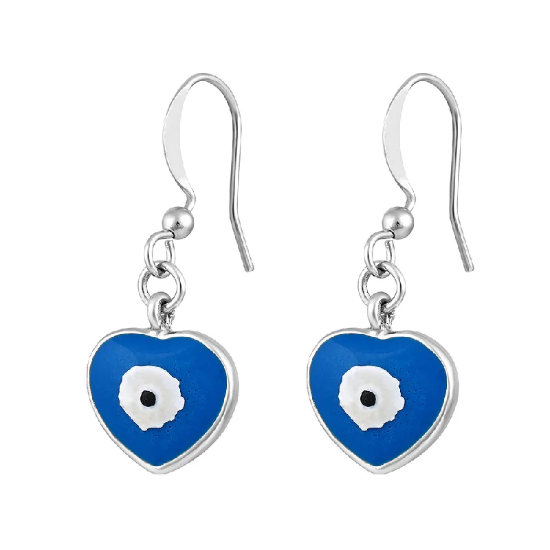 women’s bar earrings-Mahi Silver Toned Meenakari Work Enamelled Evil Eye and Heart Dangle Earrings for Women (ER1109834RBlu)