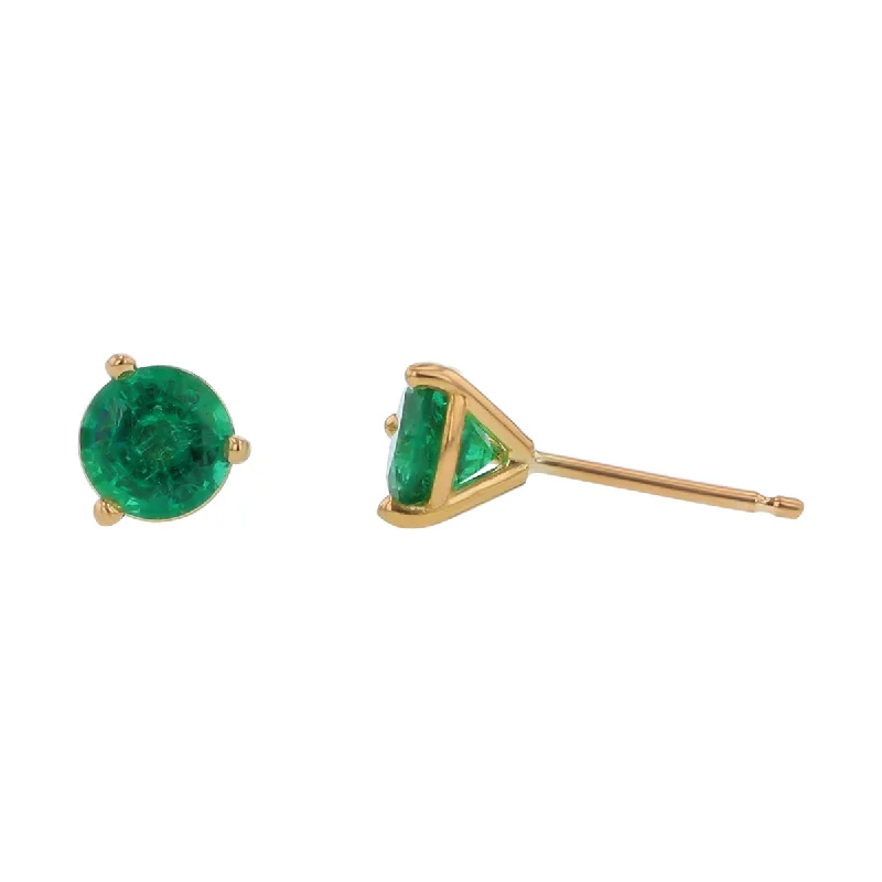 women’s luxury diamond earrings-1.00ct 5mm Round Zambian Emerald Stud Earrings in 18k Yellow Gold