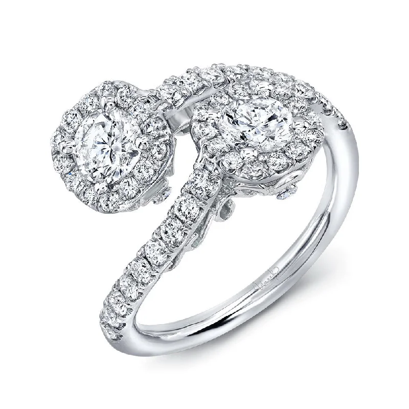 women’s anniversary rings-Uneek Fiorire Two-Stone Diamond Ring with Cushion Halos and Pave Shank