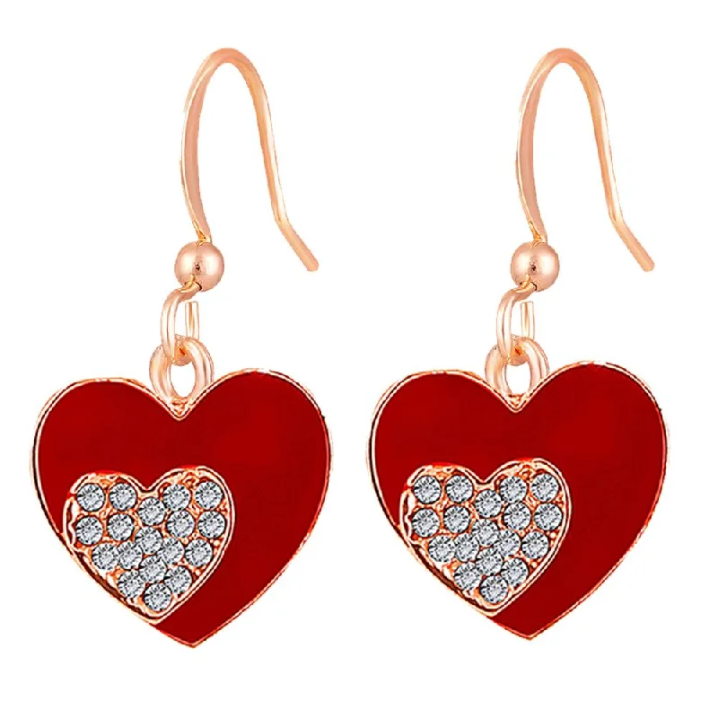 women’s layered hoop earrings-Mahi Rose Gold Plated Red Meenakari Work and Crystals Dual Heart Earrings for Women (ER1109844ZRed)