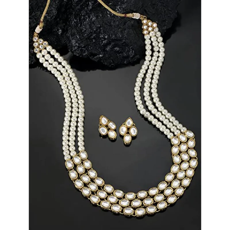 women’s minimalist necklaces-women’s minimalist necklaces-Etnico Gold Plated Traditional Stunning White Kundan Studded Layered Pearl Necklace Jewellery Set with Earrings For Women/Girls (IJ376W)