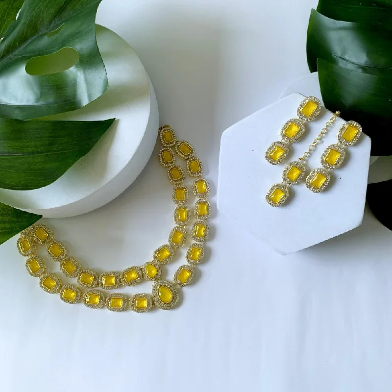 women’s bold gemstone necklaces-women’s bold gemstone necklaces-Etnico Gold Plated Traditional Stone Choker Necklace Jewellery With Earring & Maang Tikka Set For Women And Girls (Yellow)