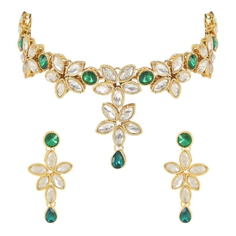 women’s layered gold necklaces-women’s layered gold necklaces-Etnico Gold Plated Traditional Floral Design Kundan Studed Necklace Jewellery Set with Earrings for Women And Girls (IJ367G)