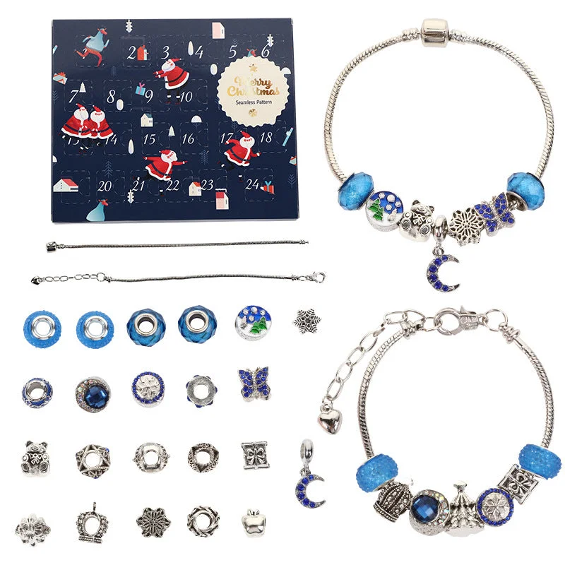 7271 Blue Christmas Set (2 Bracelets 4 Glass Bead 17 Alloy Beads 1 Pendant)