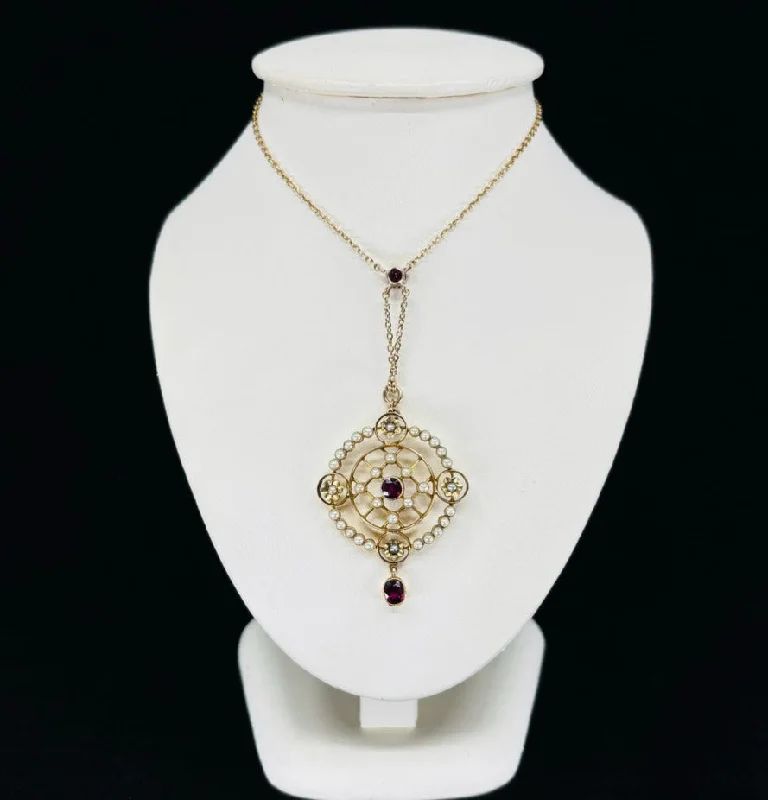 women’s vintage necklaces-women’s vintage necklaces-Edwardian Ruby and Pearl Pendant Necklace