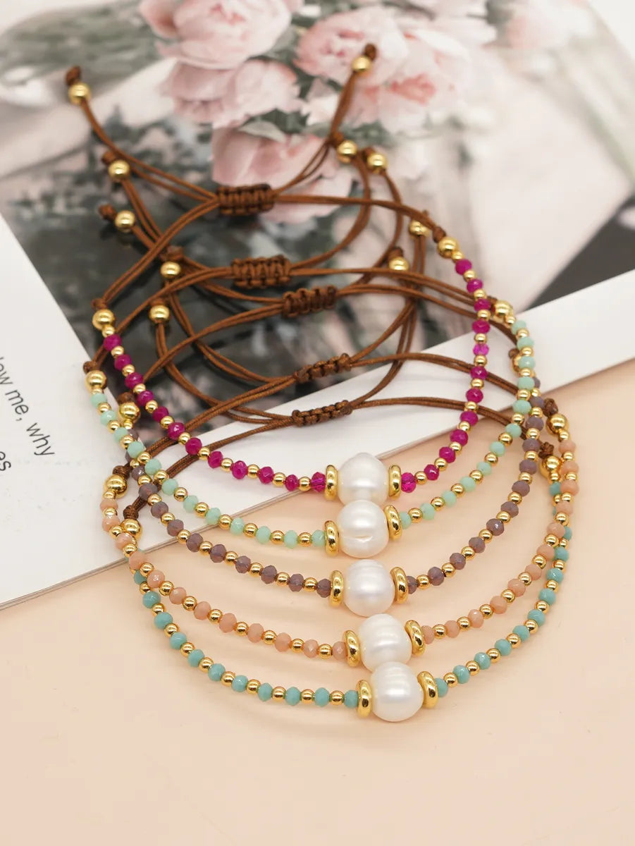 women’s tennis bracelets-Casual Simple Style Round Artificial Crystal Freshwater Pearl Beaded Drawstring Braid Bracelets