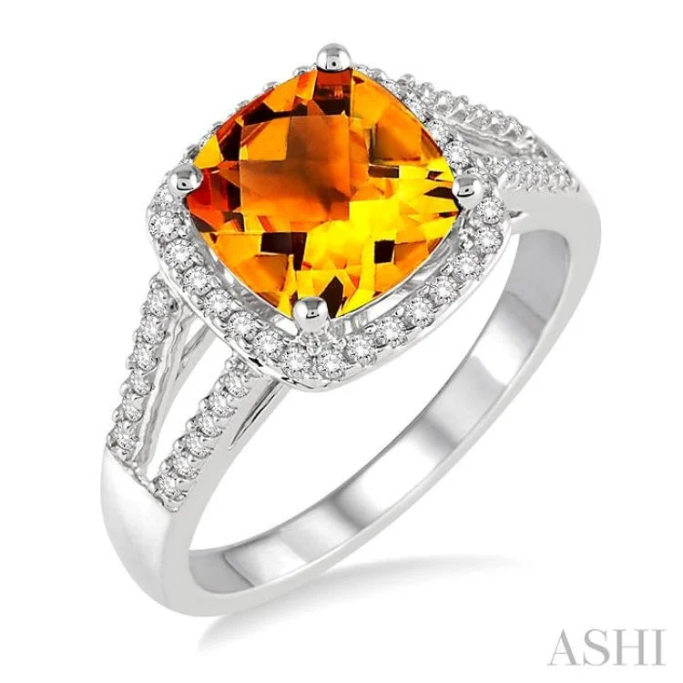 women’s unique gemstone rings-8x8 MM Cushion Cut Citrine and 1/4 Ctw Round cut Diamond Ring in 10K White Gold