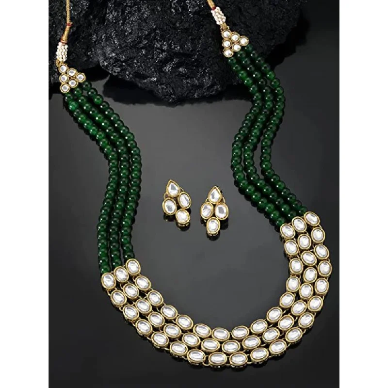 women’s fancy necklaces-women’s fancy necklaces-Etnico Gold Plated Traditional Stunning White Kundan Studded Layered Pearl Necklace Jewellery Set with Earrings For Women/Girls (IJ376G)