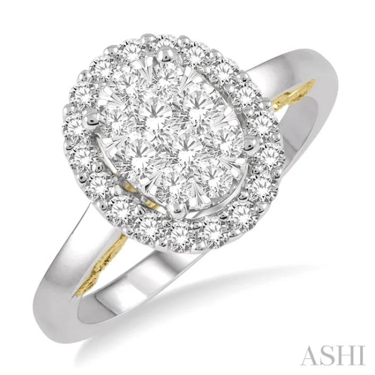 women’s adjustable rings-3/4 Ctw Oval Shape Lovebright Round Cut Diamond Ring in 14K White and Yellow Gold