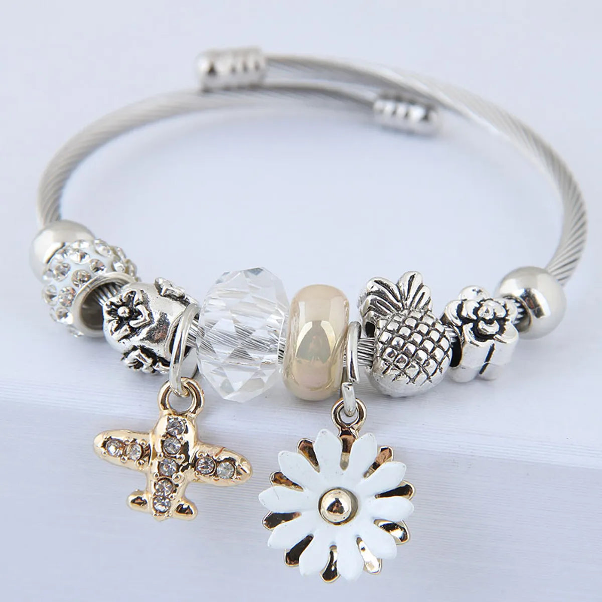 women’s mixed-metal bangles-Fashion Flower Alloy Beaded Rhinestone Bangle 1 Piece