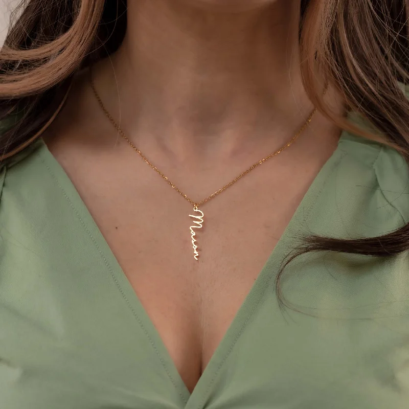 women’s layered necklaces-women’s layered necklaces-Vertical name necklace gold