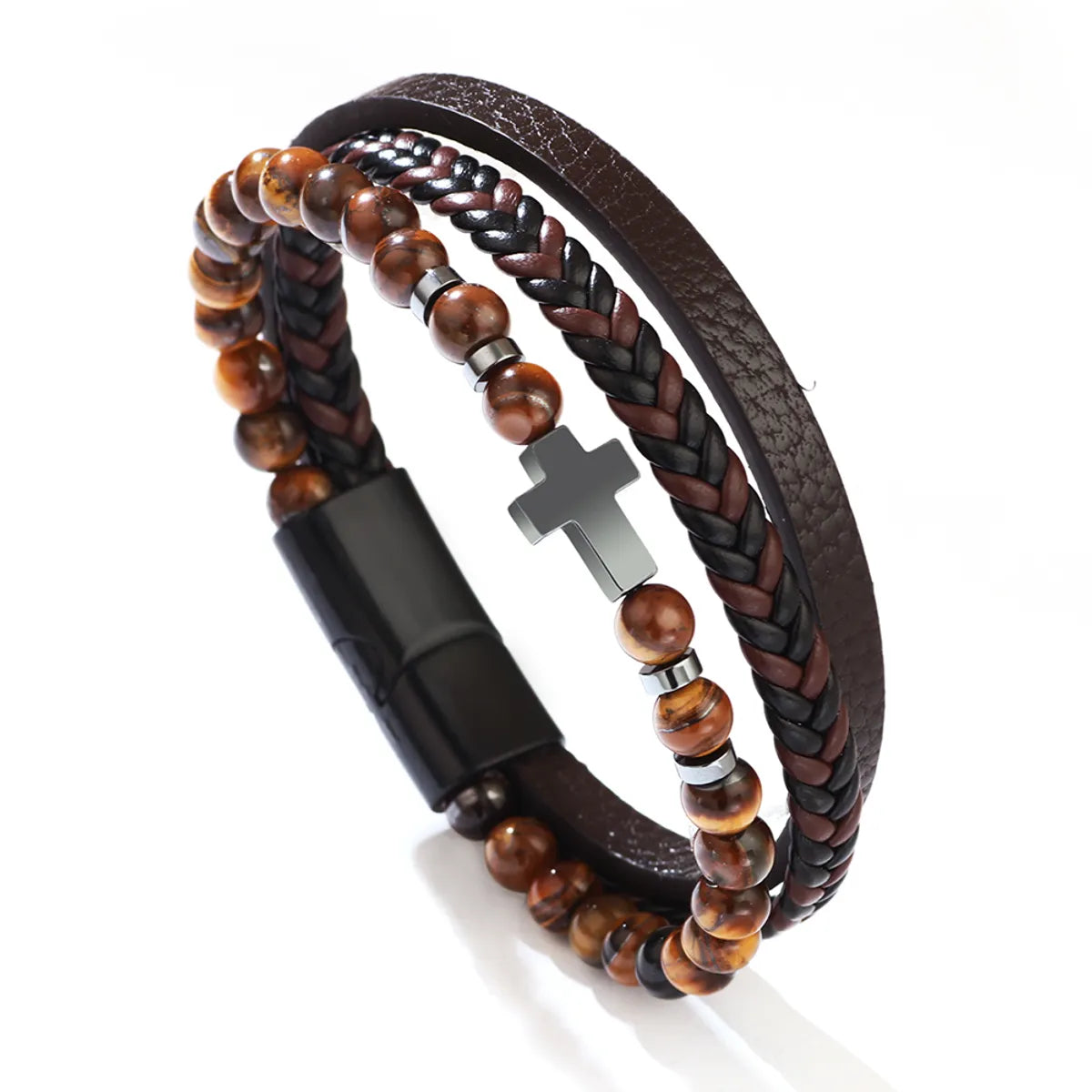 women’s statement bracelets-Classical Cross Alloy Tiger Eye Obsidian Knitting Men'S Bangle