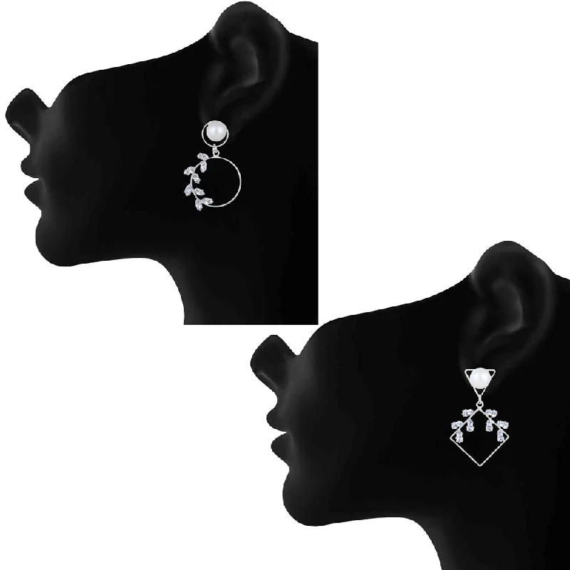 women’s dangly earrings-Mahi Combo of 2 Rhodium Plated Geomatrical Shaped Dangler Earrings for Women (VERCO001048)