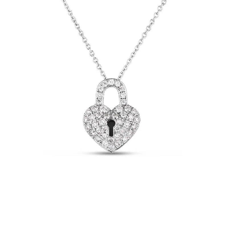 women’s dainty necklaces-women’s dainty necklaces-18K White Gold Diamond Heart Lock Necklace