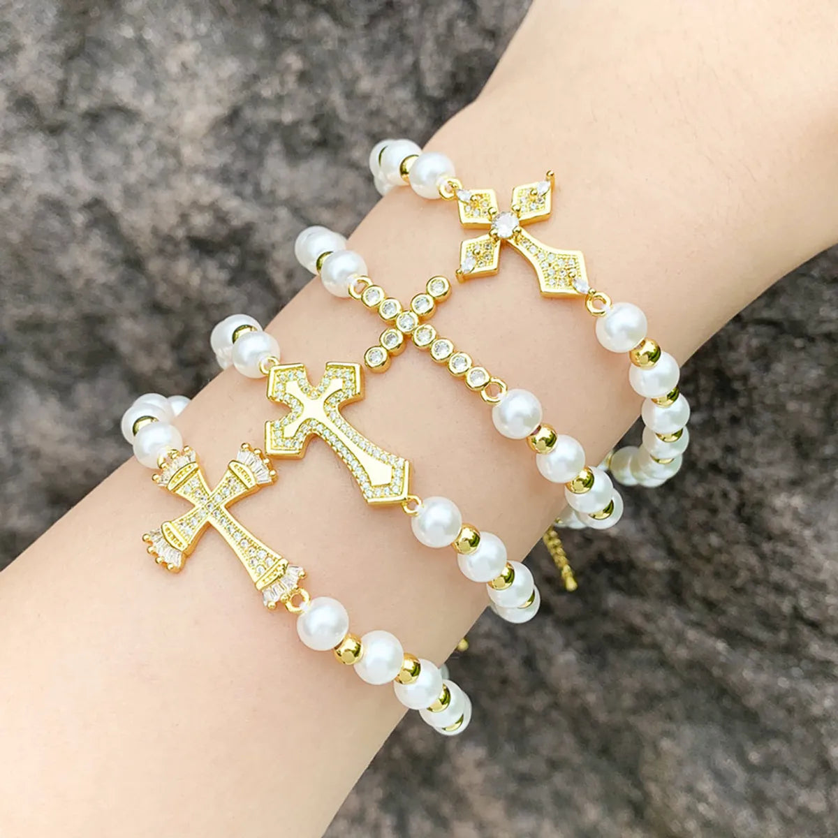 women’s personalized bangles-Ig Style Fashion Cross Baroque Pearls Copper Beaded Plating Inlay Zircon 18k Gold Plated Women's Bracelets