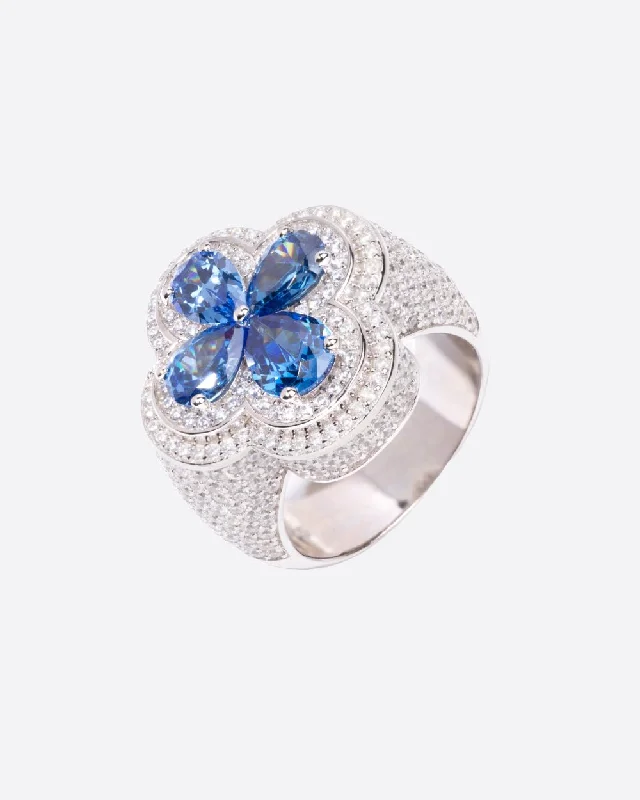 women’s titanium rings-women’s titanium rings-MOISSANITE BLUE LUCKY CLOVER RING. - WHITE GOLD