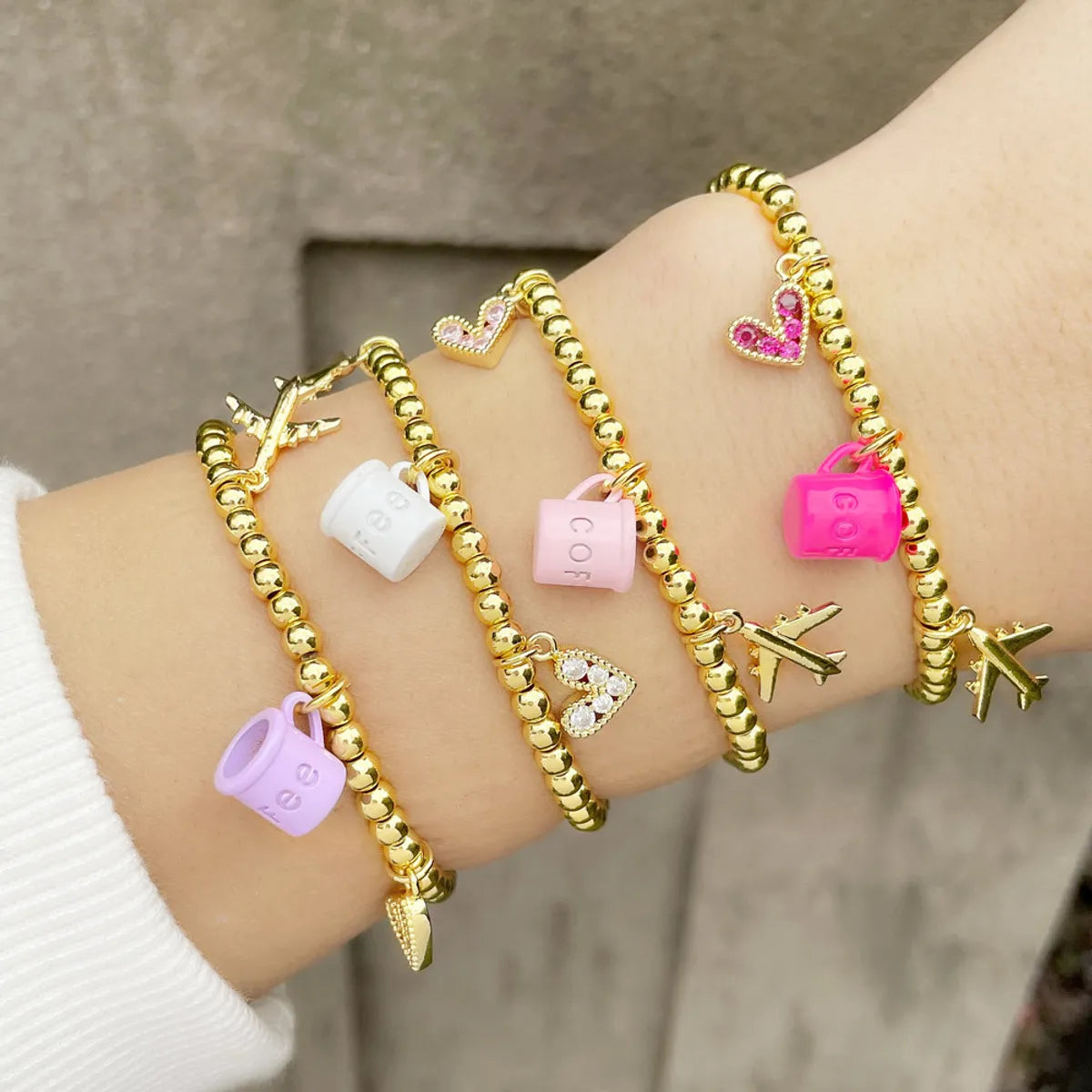 women’s floral bangles-Creative Trend Fun Bracelet Cute Coffee Cup Airplane Love Heart Pendant Bead Bracelet