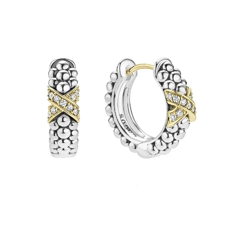 women’s crystal drop earrings-Embrace Diamond X Huggie Hoop Earrings in Sterling Silver and 18K Yellow Gold