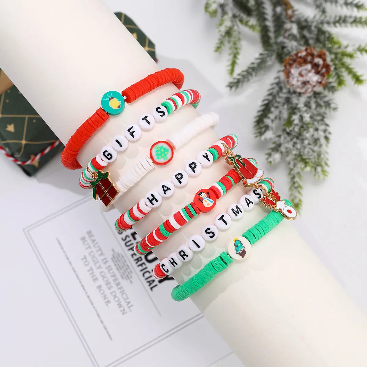 women’s gold bangles-Sweet Christmas Tree Letter Snowman Soft Clay Beaded Christmas Women's Bracelets