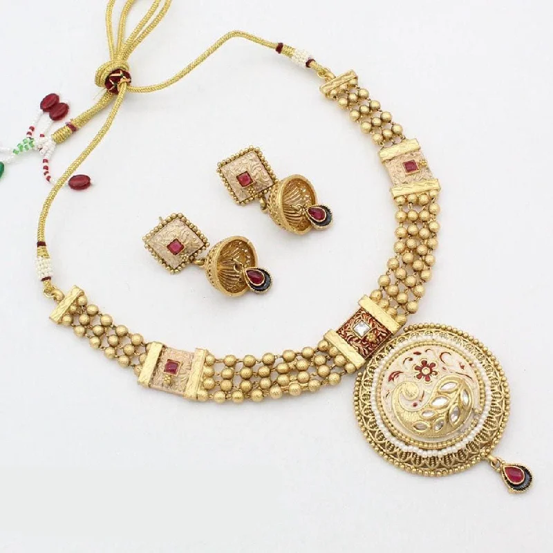 women’s gold-plated necklaces-women’s gold-plated necklaces-Manisha Jewellery Gold Plated Kundan And Meenakari Necklace Set