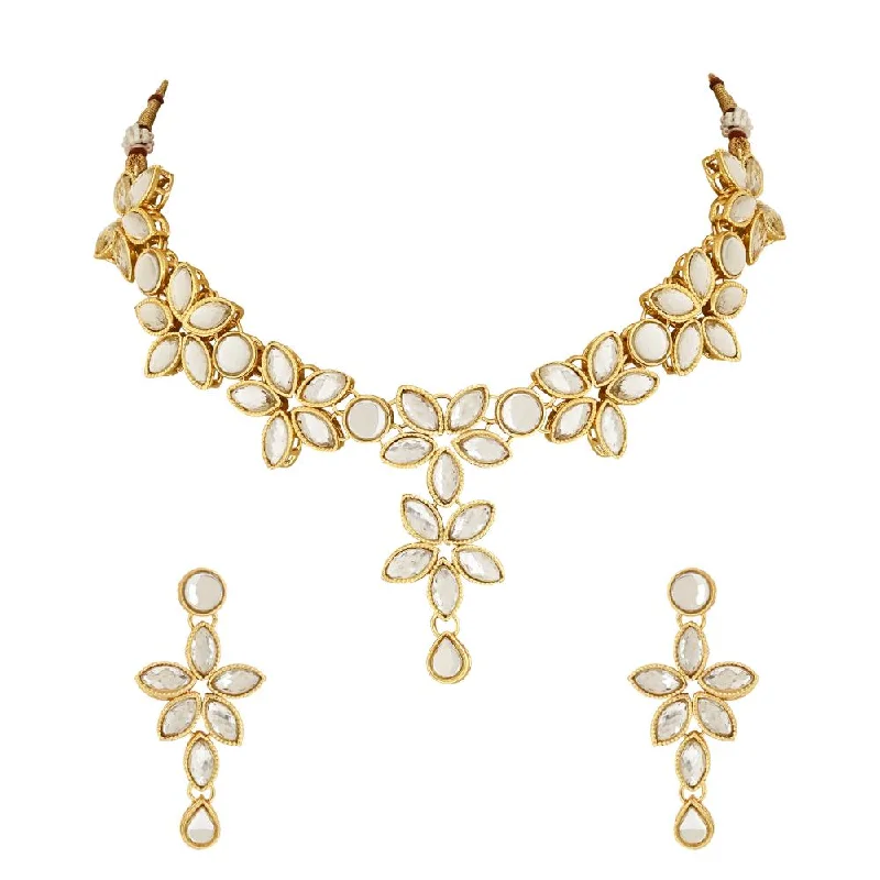 women’s romantic gold necklaces-women’s romantic gold necklaces-Etnico Gold Plated Traditional Floral Design Kundan Studed Necklace Jewellery Set with Earrings for Women And Girls (IJ367W)