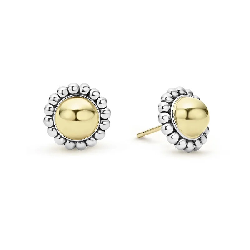 women’s statement earrings-High Bar Round Caviar Stud Earrings in 18K Yellow Gold and Sterling Silver, 12mm