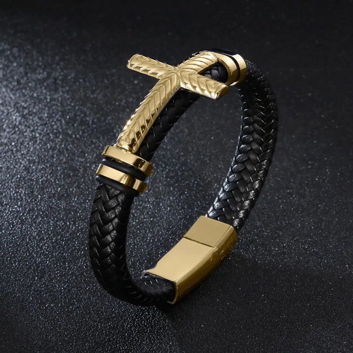 Leather cord bracelet-Striped Cross Gold