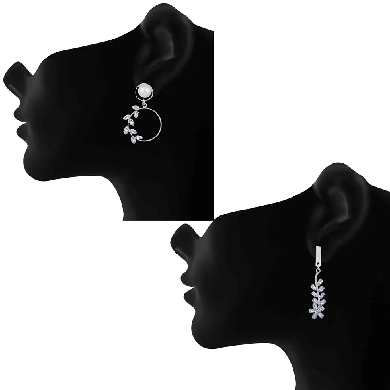 women’s elegant earrings-Mahi Combo of 2 Rhodium Plated Floral Dangler Earrings for Womens (VERCO001047)