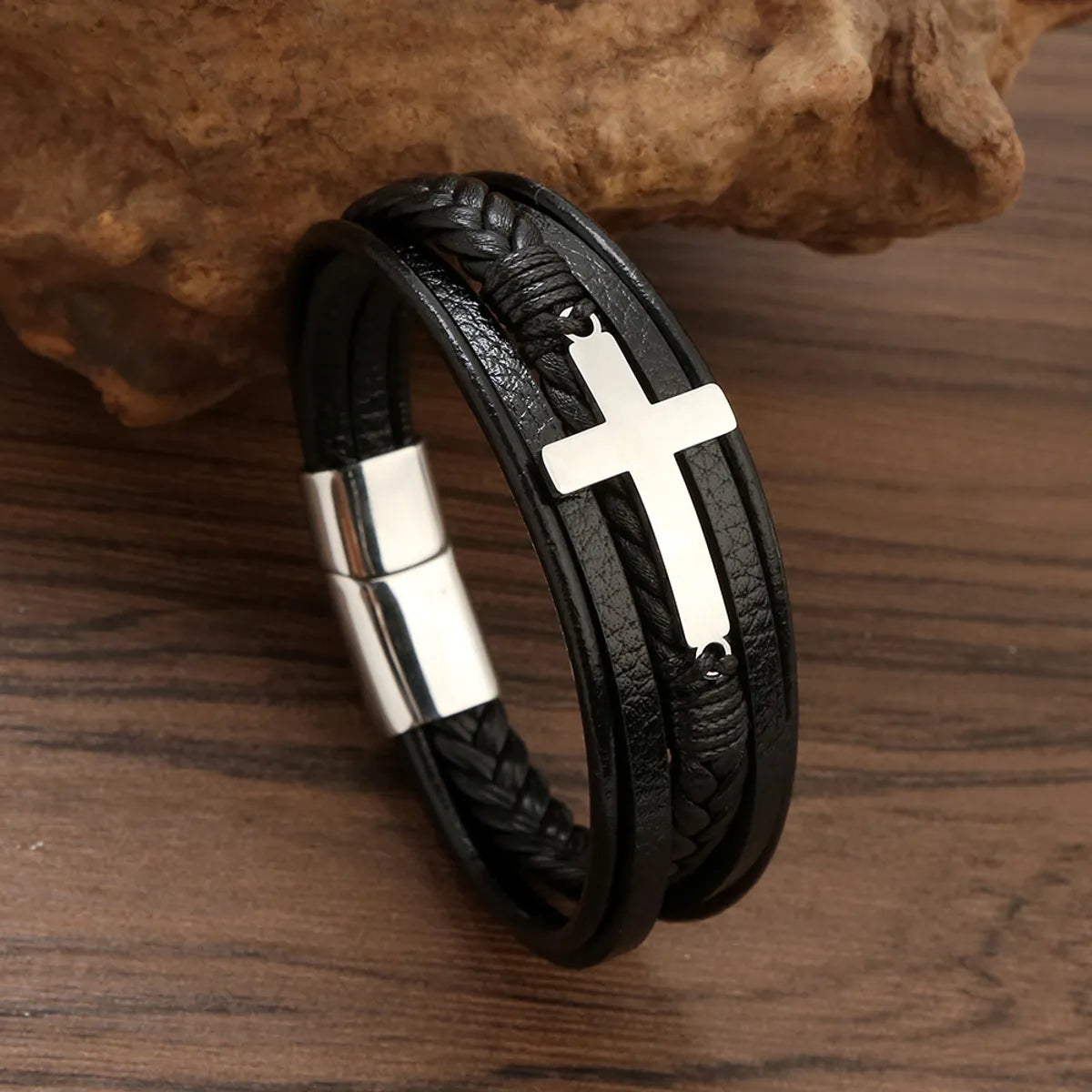 women’s thin bangles-Hip-Hop Simple Style Roman Style Cross Stainless Steel Pu Leather Men'S Bracelets