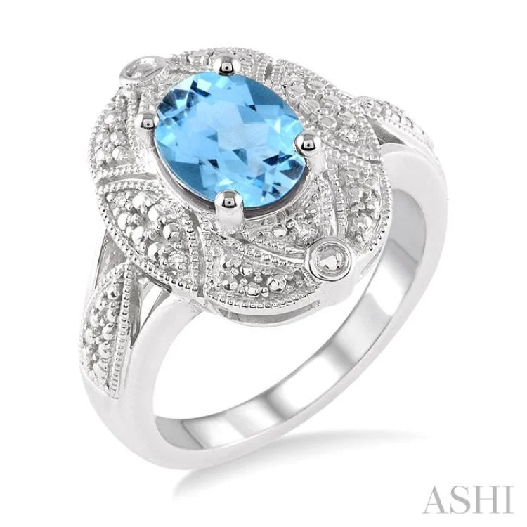 women’s adjustable gemstone rings-9x7 mm Oval Cut Blue Topaz and 1/50 ctw Single Cut Diamond Ring in Sterling Silver