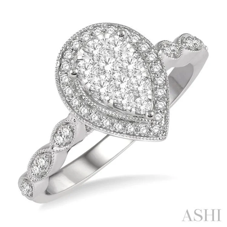 women’s two-tone rings-1/2 ctw Pear Shape Mount Marquise Shank Lovebright Round Cut Diamond Ring in 14K White Gold