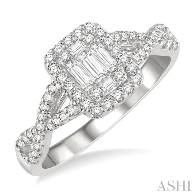 women’s infinity diamond rings-1/2 Ctw Entwined Shank Baguette & Round Cut Fusion Diamond Ring in 14K White Gold