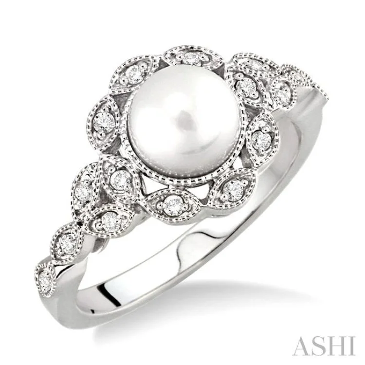 women’s elegant rings-6.5MM Cultured Pearl and 1/8 Ctw Single Cut Diamond Ring in 10K White Gold